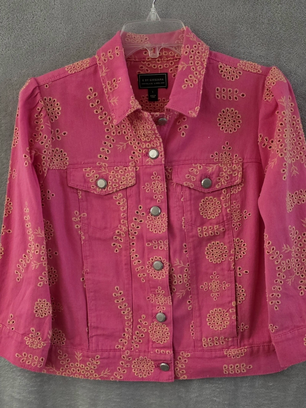 G by Giuliana Hot Pink Eyelet Embroidered Denim Jacket